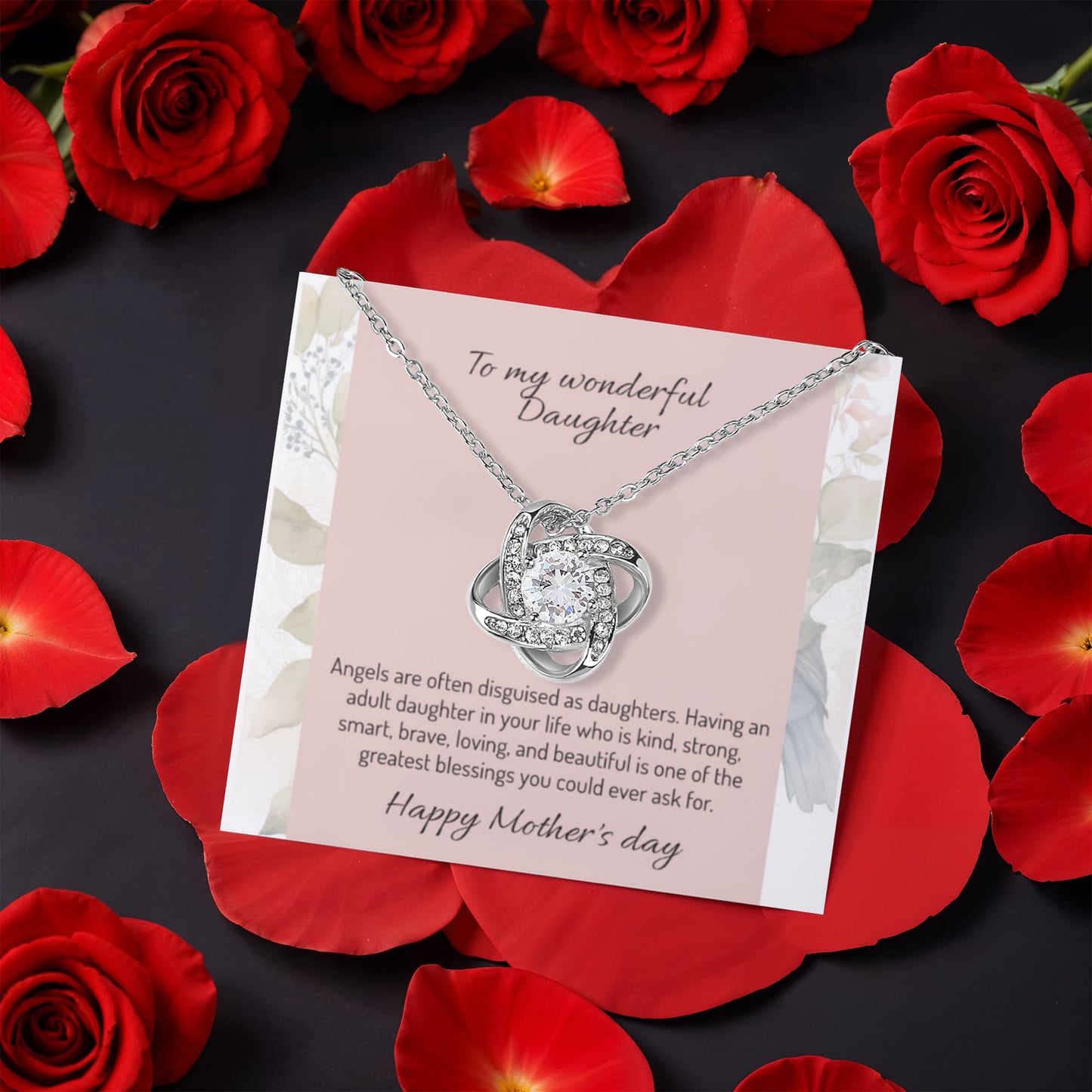 Mother's Day Gift for Daughter - Love Knot Necklace in Rotating Flower Box, "Wonderful Daughter"