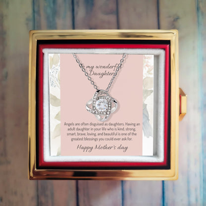 Mother's Day Gift for Daughter - Love Knot Necklace in Rotating Flower Box, "Wonderful Daughter"