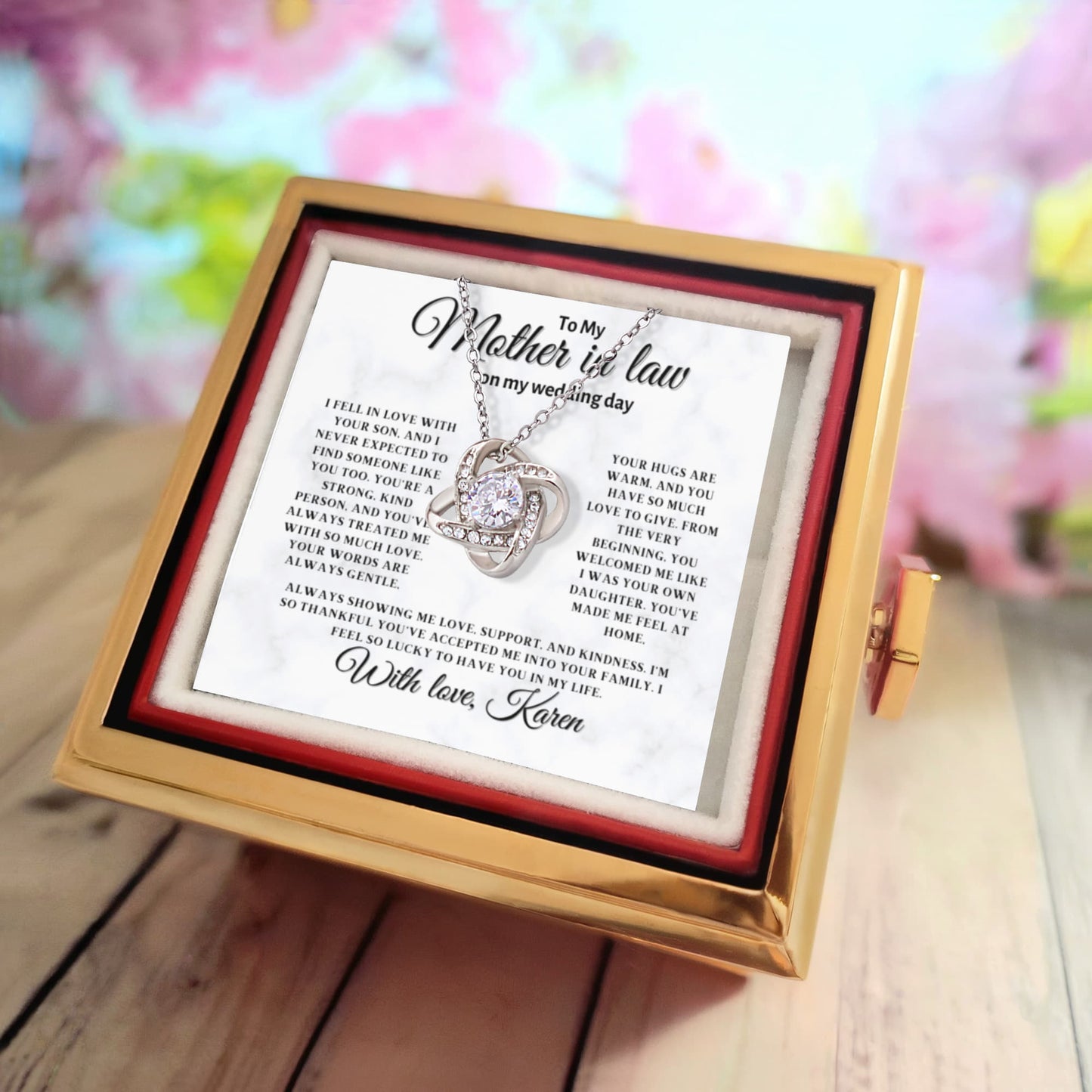 A Blooming Thank You: Rotating Flower Box with "To My Mother-in-Law" Wedding Day Necklace