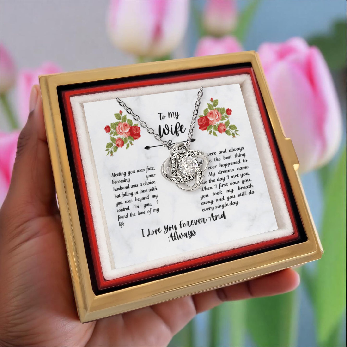 A Blooming Expression of Love: Rotating Rose Box with "To My Wife" Necklace