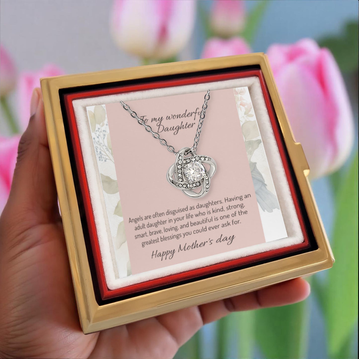 Mother's Day Gift for Daughter - Love Knot Necklace in Rotating Flower Box, "Wonderful Daughter"