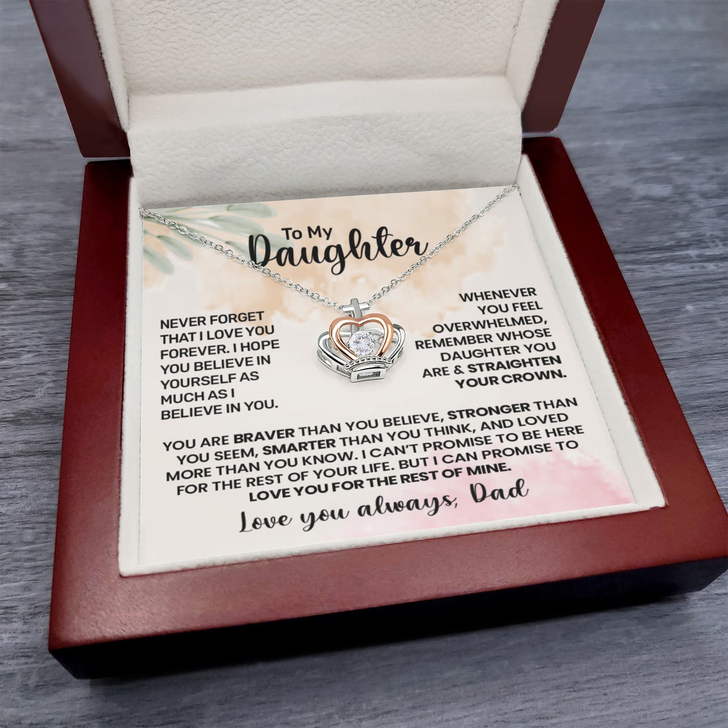 To My Daughter" Heart Necklace Gift Set - Father's Love Message - "Straighten Your Crown" Jewelry - Dad Daughter Gift Box