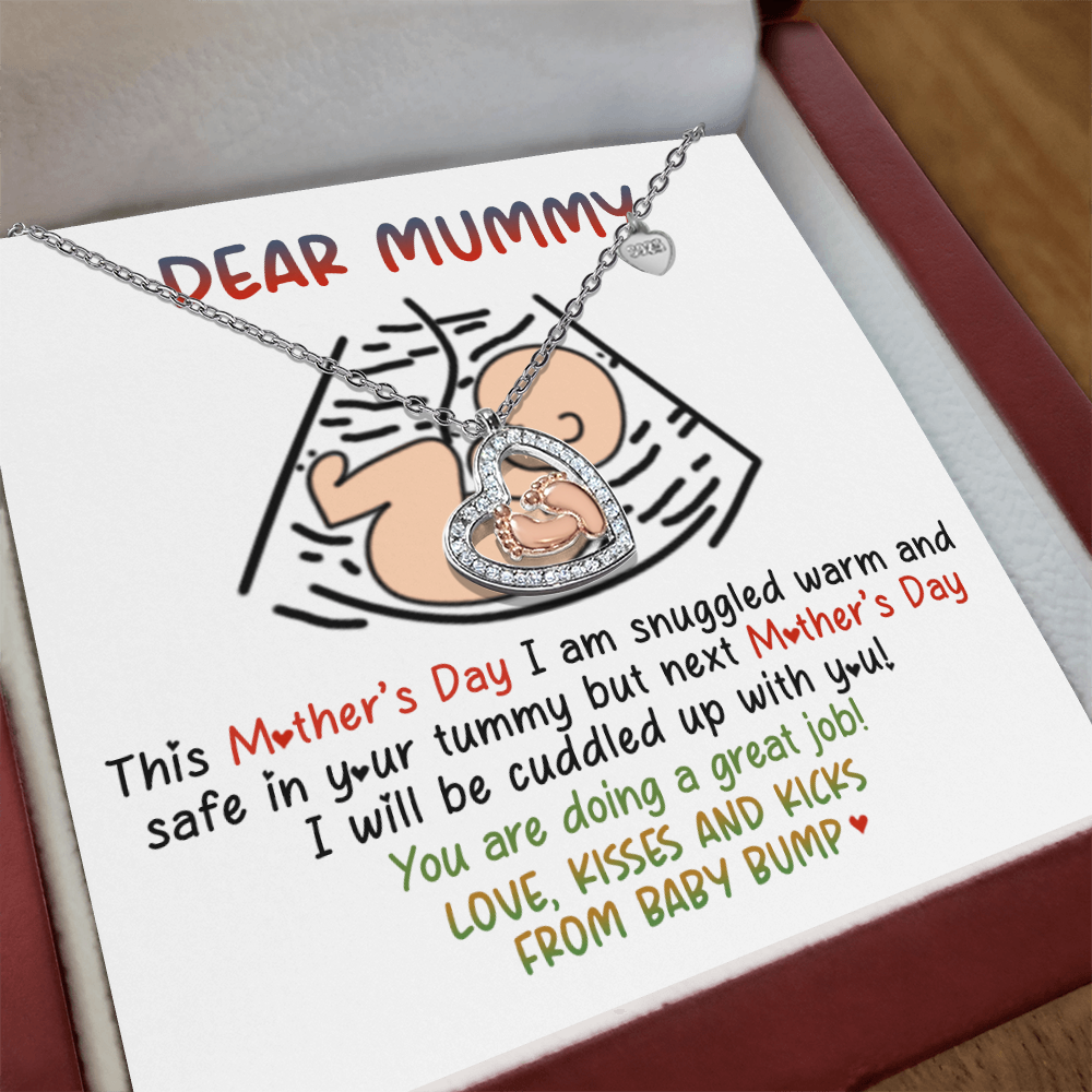 Expecting Mom Necklace Gift - Love Knot with Baby Footprint Card, From Baby