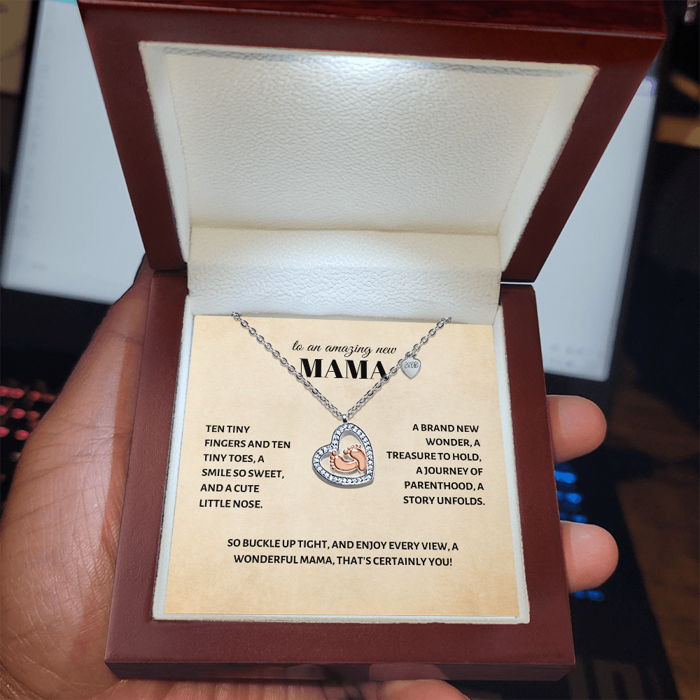 Celebrating New Motherhood: Heart & Baby Feet Necklace Gift for Amazing New Mama