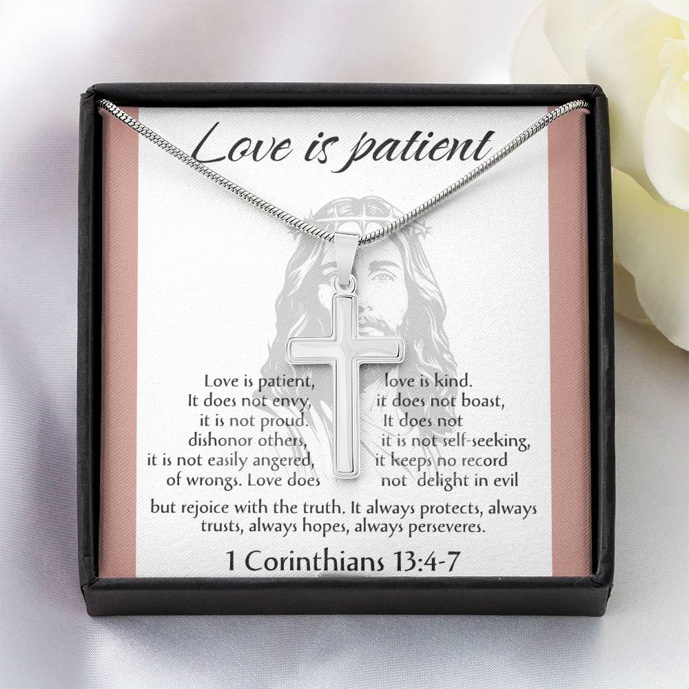 Love is Patient Cross Necklace, Faith Pendant, Christian Gift, Biblical Jewelry, Scripture Chain, Spiritual Keepsake, Devotion Token