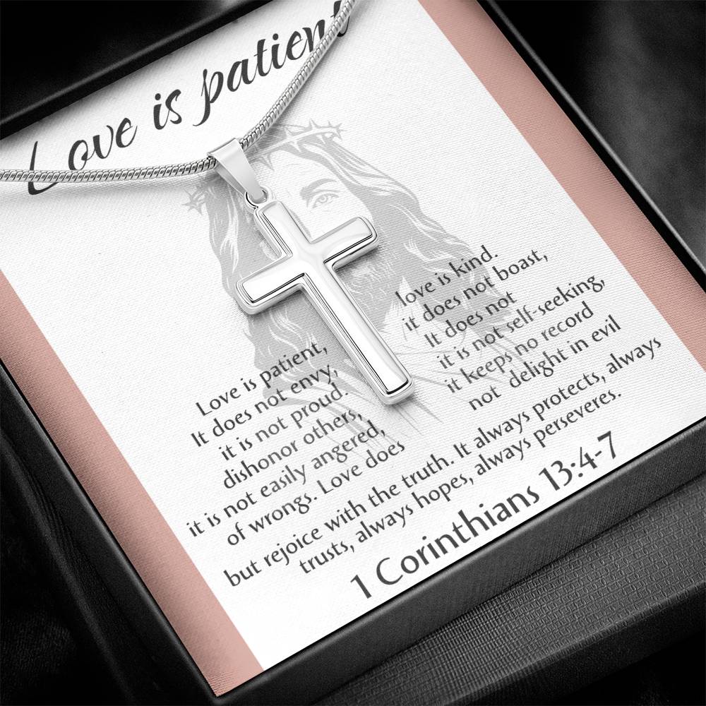 Love is Patient Cross Necklace, Faith Pendant, Christian Gift, Biblical Jewelry, Scripture Chain, Spiritual Keepsake, Devotion Token