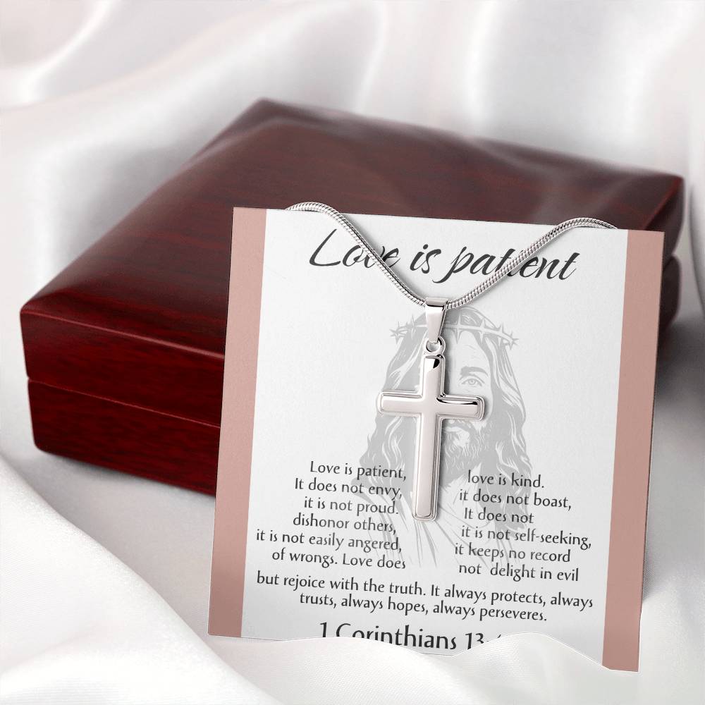 Love is Patient Cross Necklace, Faith Pendant, Christian Gift, Biblical Jewelry, Scripture Chain, Spiritual Keepsake, Devotion Token